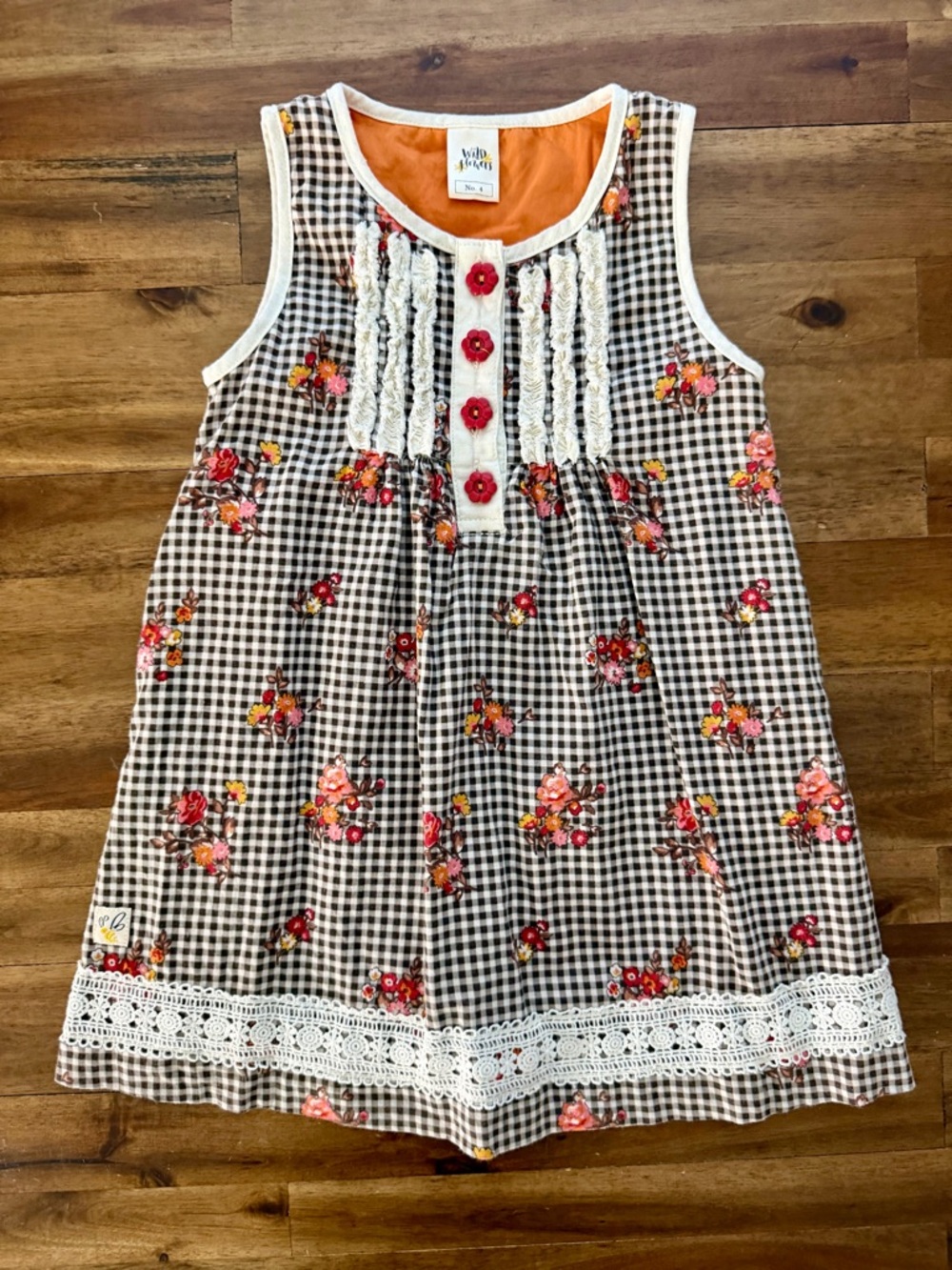 Wildflowers Girls Pocketful of Wonder Mayberry Dress 4 Brown Gingham Floral Lace